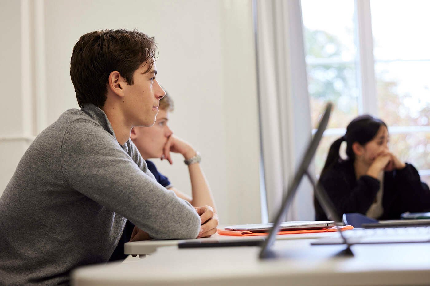 Zwei männliche Schüler konzentrieren sich auf den Unterricht.