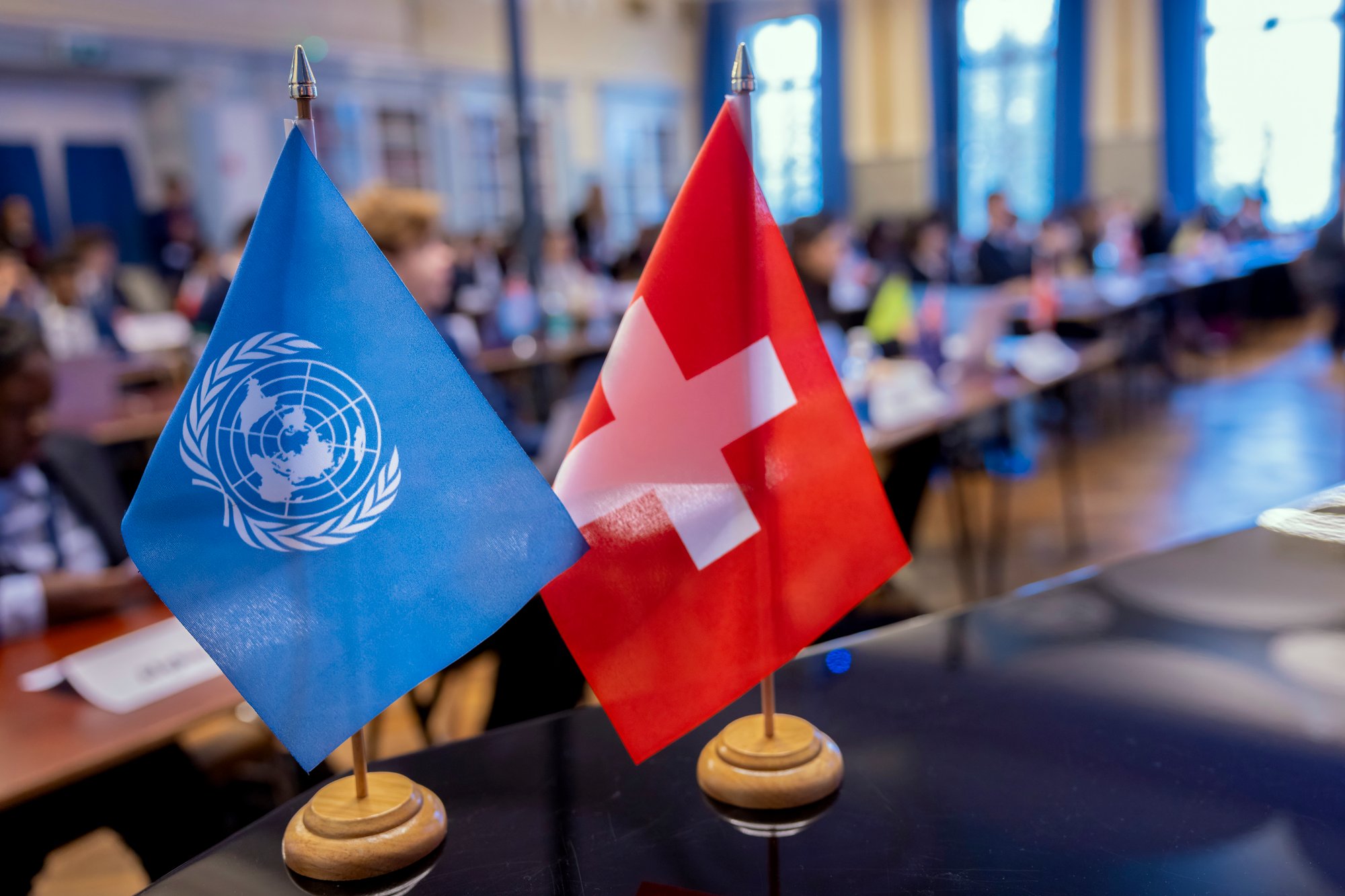 Close-up of a flag of model united nations and Switzerland.