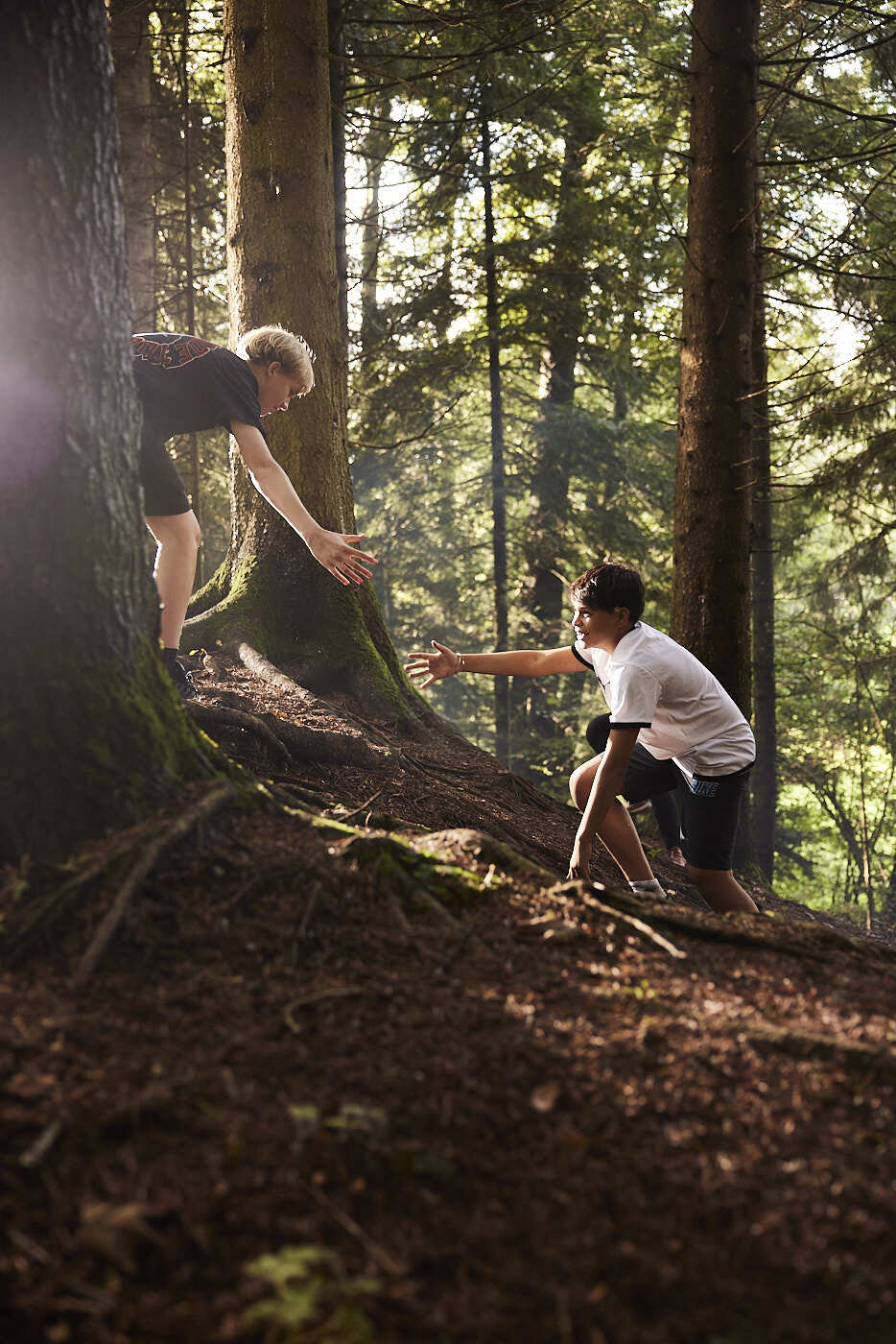 Ein Schüler streckt seine Hand aus, um einem anderen Schüler in einem Wald zu helfen.