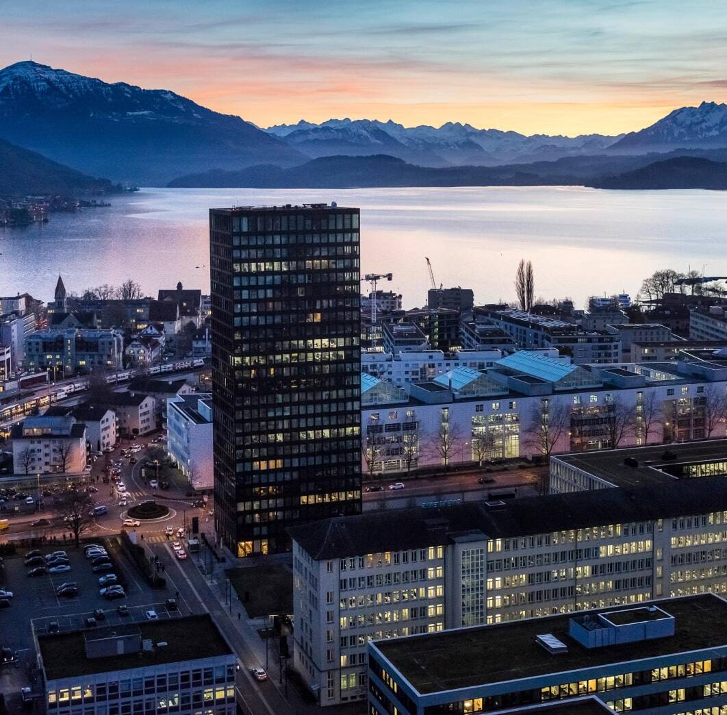 An evening view over Zug City and the lake of Zug.